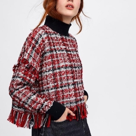 ZARA Multi-Colored Red Black White Tweed Fringe Mock Neck Crop Party Sweater XS - Picture 8 of 11